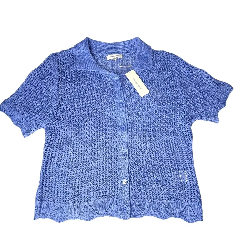 No Comment Crochet Top Blue Spread Collar Womens Med Button Up Knit Cardigan New